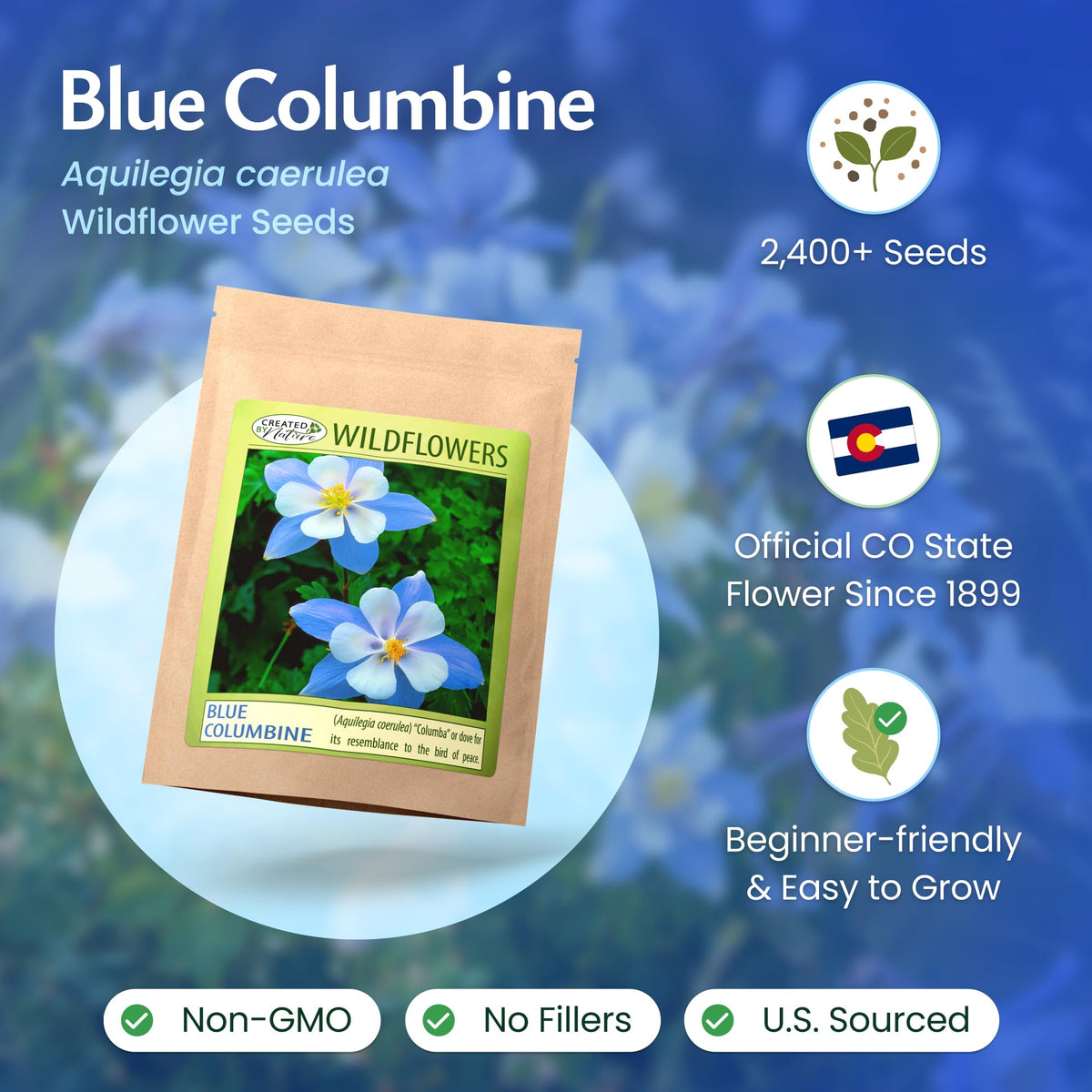 Created By Nature blue columbine bloom closeup showcases vivid blue and white petals for vibrant garden color