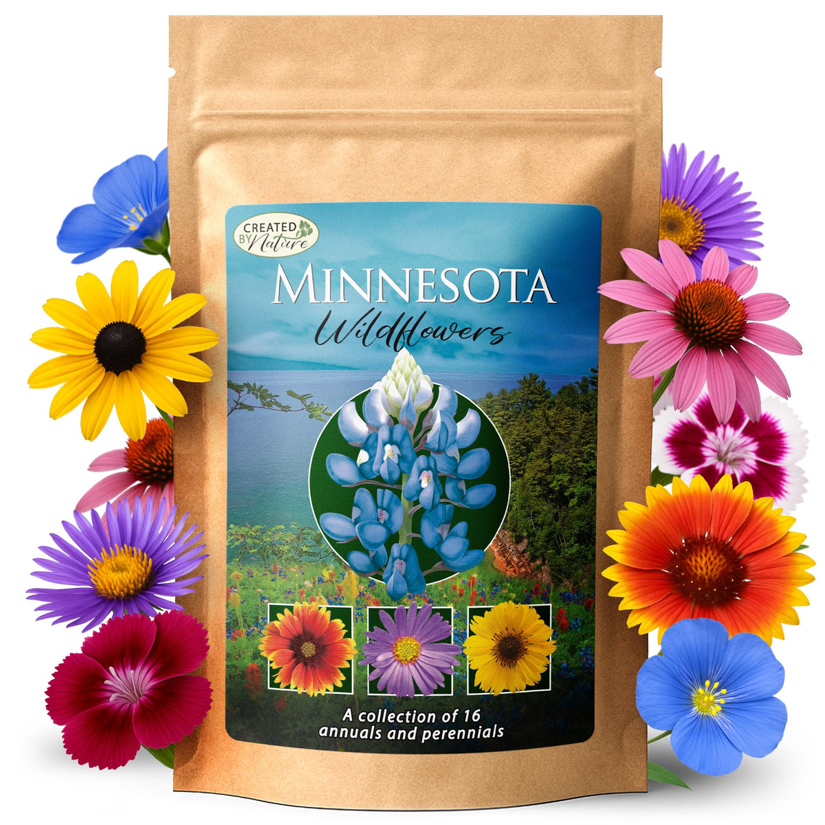 Created By Nature Minnesota Wildflower Seed Mix packaging shows premium seeds for pollinator-friendly gardens.