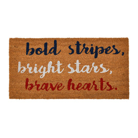 Creative Co- Op coir entry doormat with patriotic message, bold stripes welcome guests.