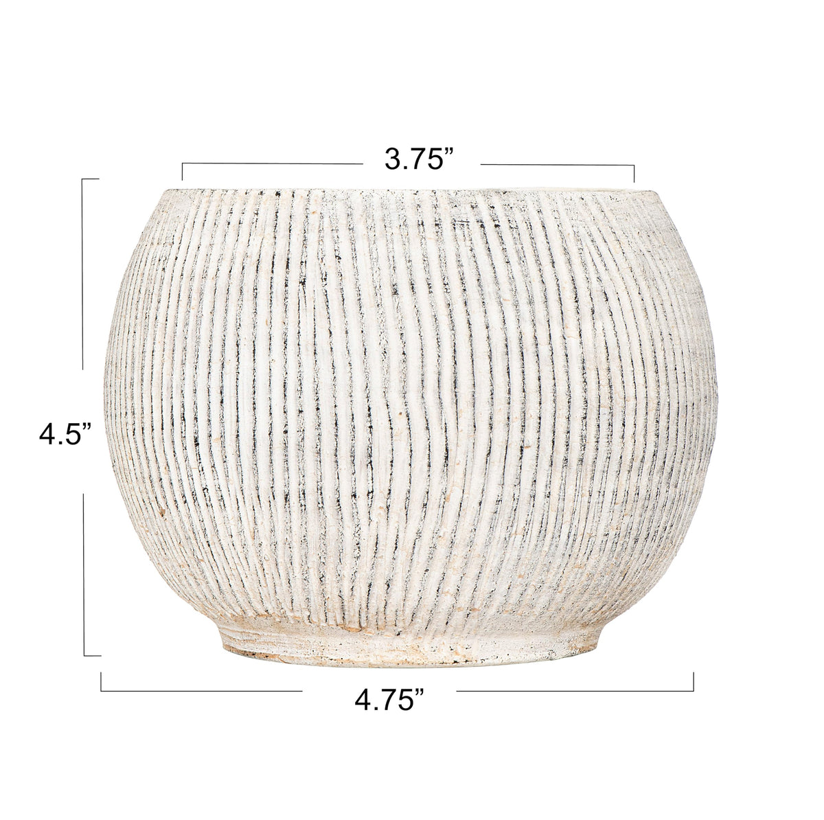 Creative Co-Op cream terracotta planter with textured rib finish enhances shelf decor.