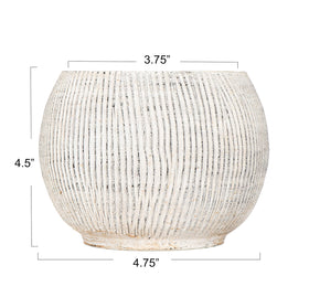 Creative Co-Op cream terracotta planter with textured rib finish enhances shelf decor.