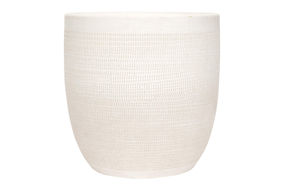 Creative Co-Op large matte white embossed stoneware planter with cheese cloth texture, ideal for greenery.