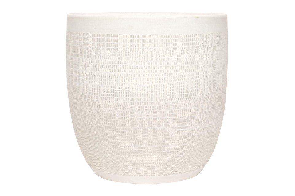 Creative Co-Op large matte white embossed stoneware planter with cheese cloth texture, ideal for greenery.