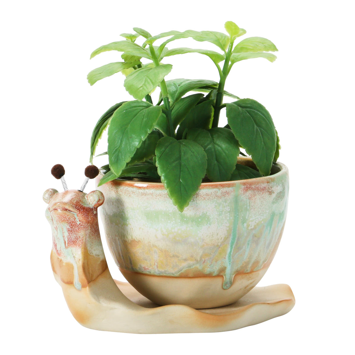 Creative Co-Op snail planter drainage-hole-detail reveals glaze texture and craftsmanship
