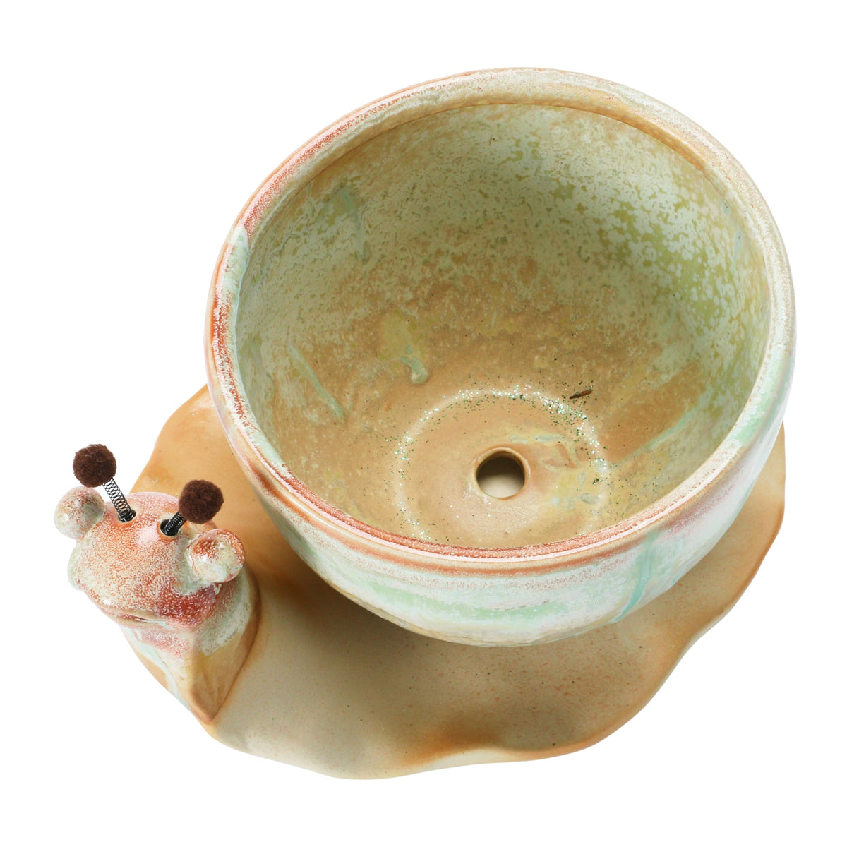 Creative Co-Op snail planter reactive-glaze closeup shows unique finish and variation
