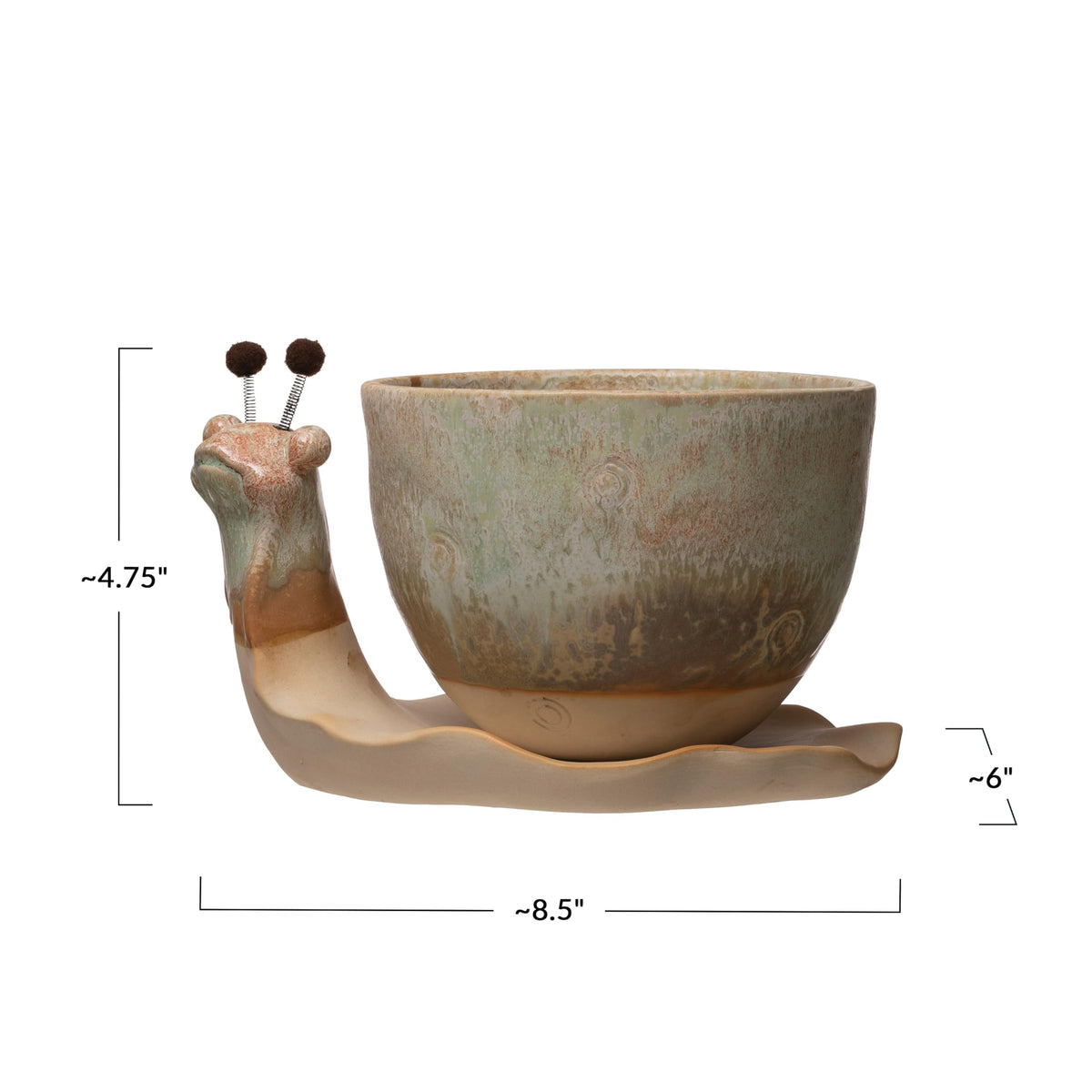 Creative Co-Op snail planter side view highlights the snail shape as unique decor