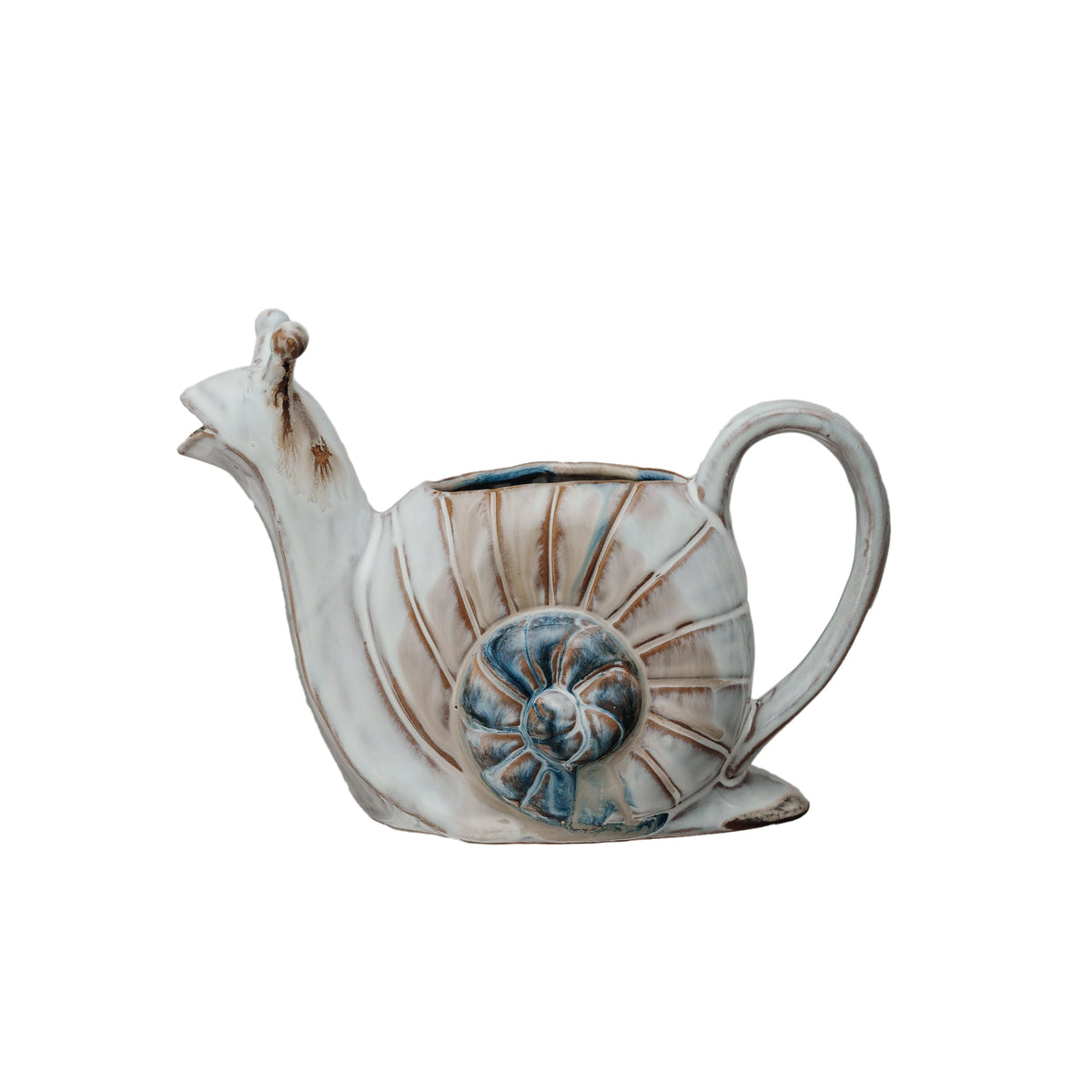 Creative Co-Op snail-shaped watering can, side view, ideal for gentle indoor plant care.