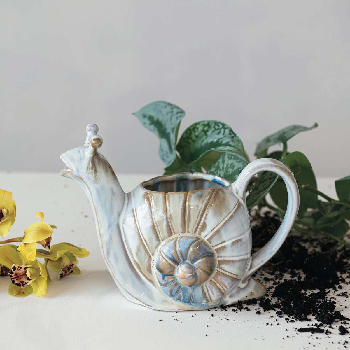 Creative Co-Op snail watering can, multicolor finish, adds charm while precise watering.