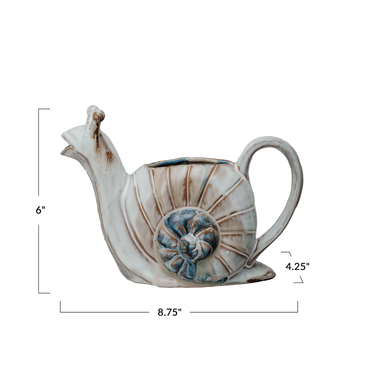 Creative Co-Op snail watering can, vibrant finish, great gift for gardeners.