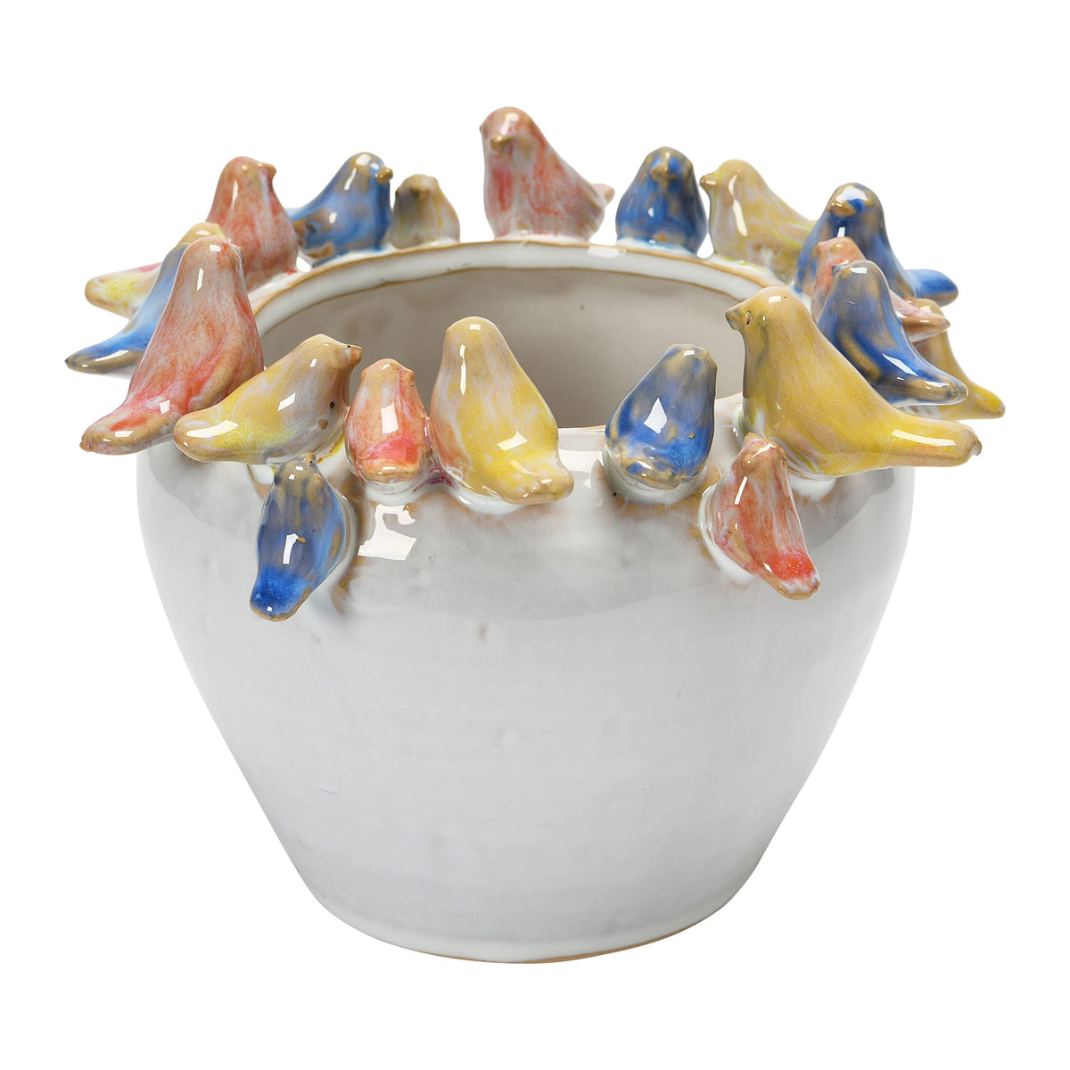 Creative Co-Op stoneware planter with birds on rim and vibrant glaze for indoor displays.