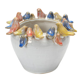 Creative Co-Op stoneware planter with birds on rim and vibrant glaze for indoor displays.