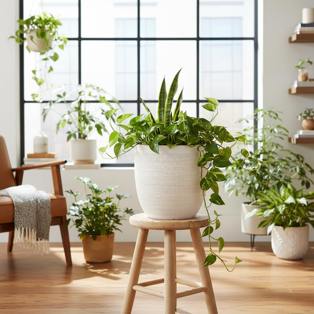 Creative Co-Op stoneware planter holds a 10-inch pot for real or faux plants.