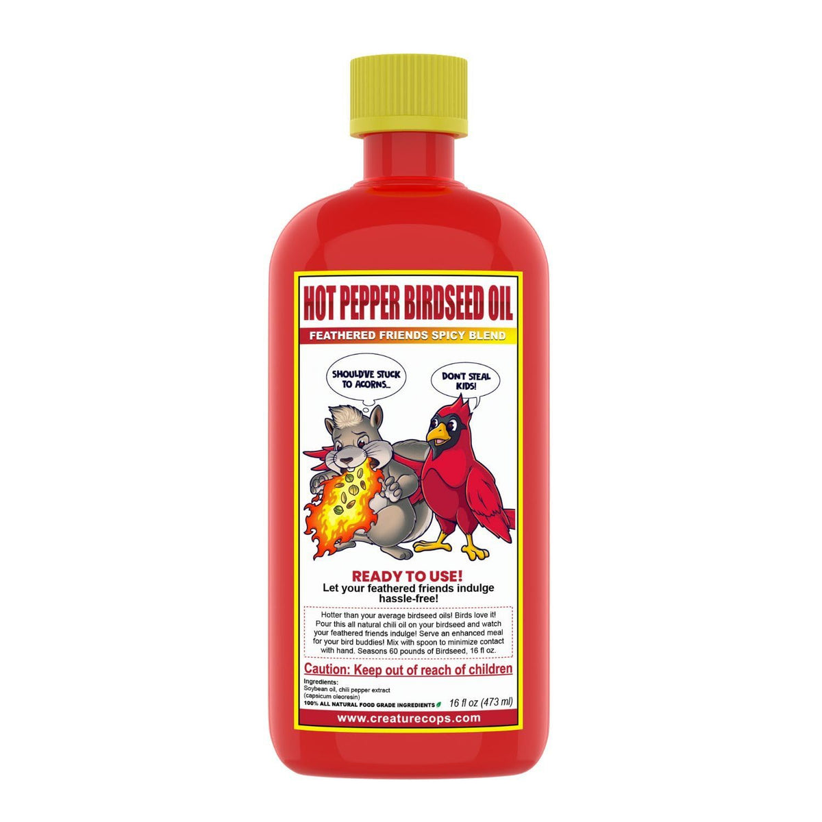 CreatureCops Spicy Squirrel Seed Sauce bottle close-up highlighting natural ingredients