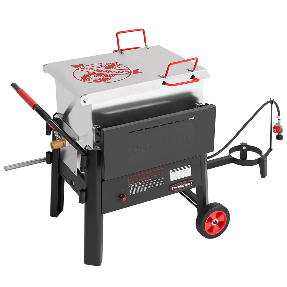 Creole Feast CFB3001 70-qt boiler with side table for convenient outdoor gatherings.