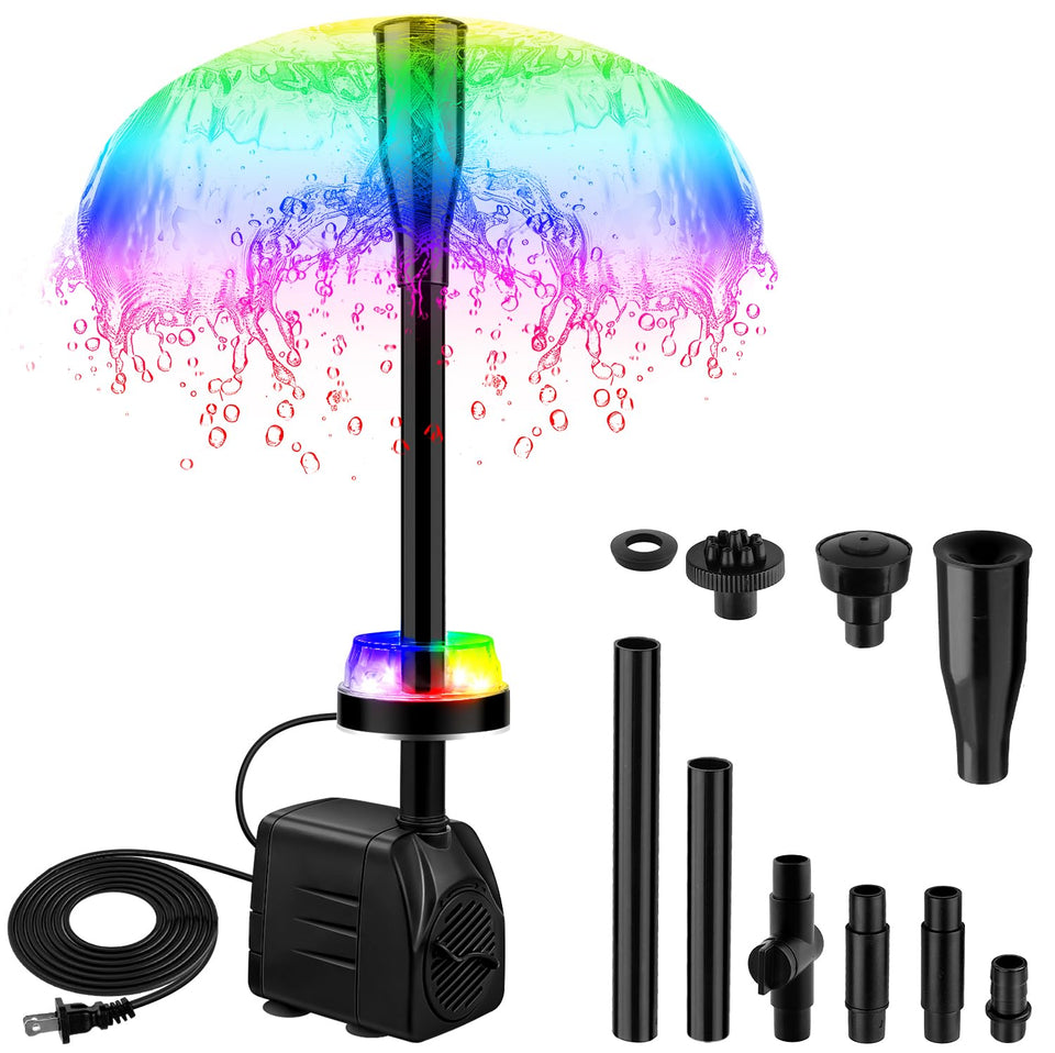 CREPOW 15W submersible fountain pump with LED lights for day and night display