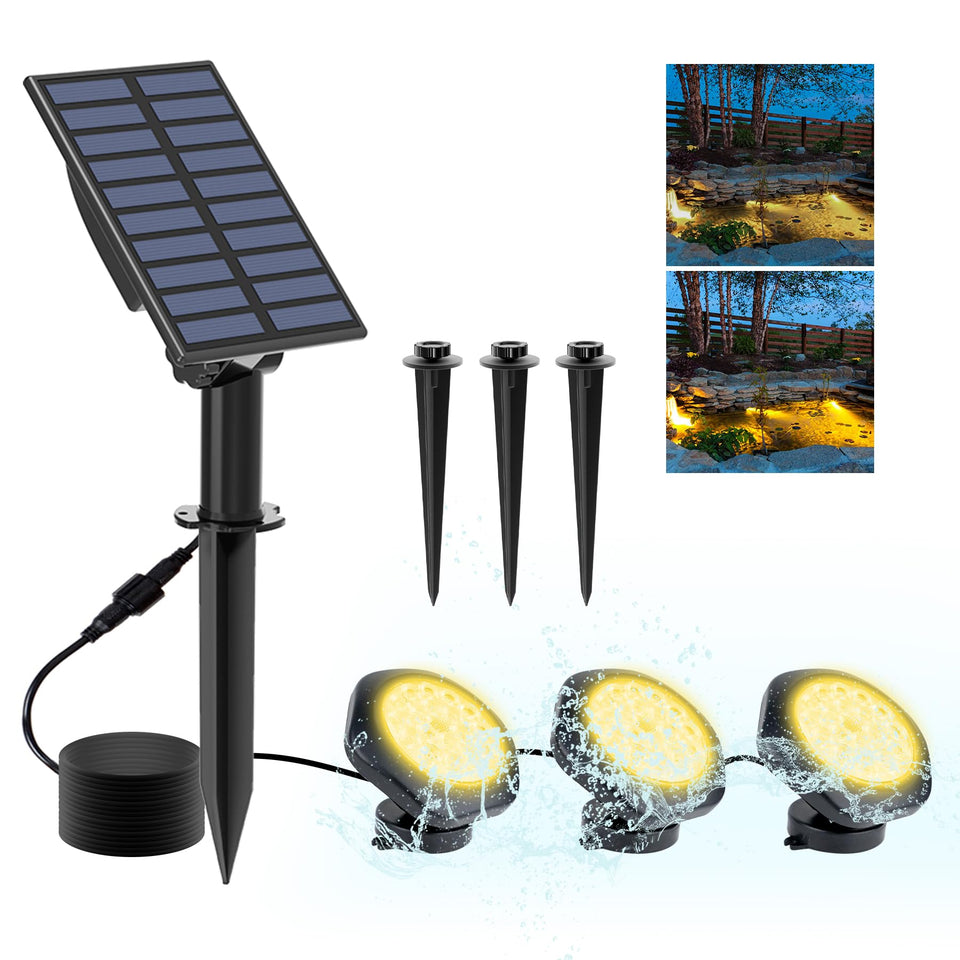 CREPOW Solar Pond Lights underwater setup illuminates ponds and fountains with warm 3000K glow.