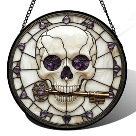 CRISGIF Halloween skull suncatcher on a window adds vivid color and spooky ambiance.