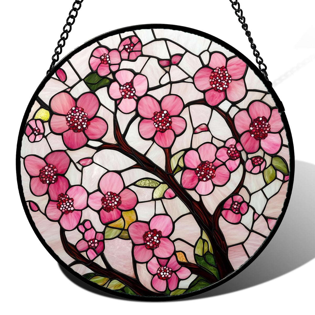 CRISGIF stained glass window hanging with cherry blossoms diffuses vibrant light.