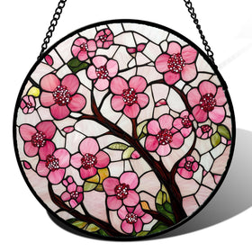 CRISGIF stained glass window hanging with cherry blossoms diffuses vibrant light.