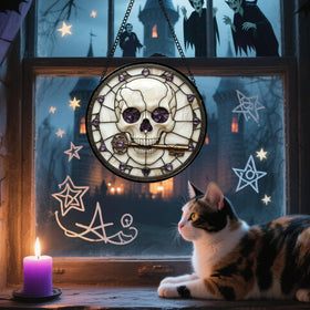 CRISGIF stained glass ghost and pumpkin panel refracts sunlight for Halloween glow.