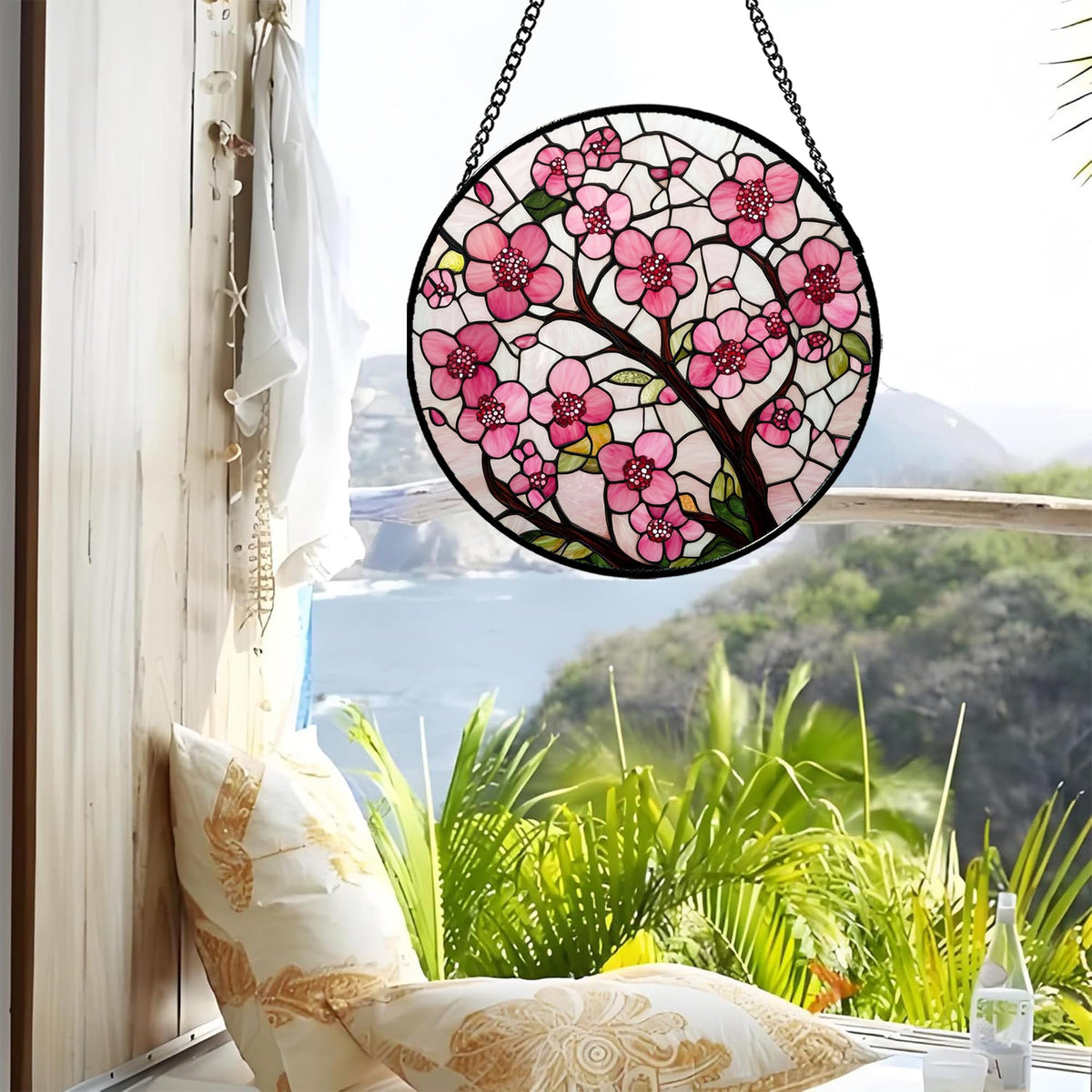CRISGIF suncatcher on a window adds vintage charm and mood lighting.
