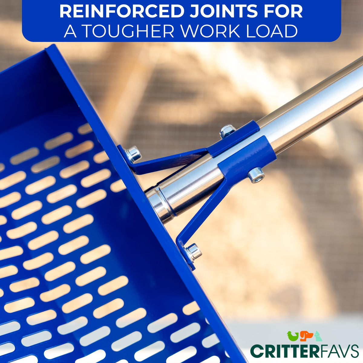 CRITTER FAVS chicken coop cleaner shows stand-up handle to reduce back strain.