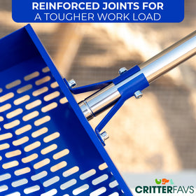CRITTER FAVS chicken coop cleaner shows stand-up handle to reduce back strain.