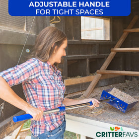 CRITTER FAVS no-bend adjustable handle reaching tall coops comfortably.