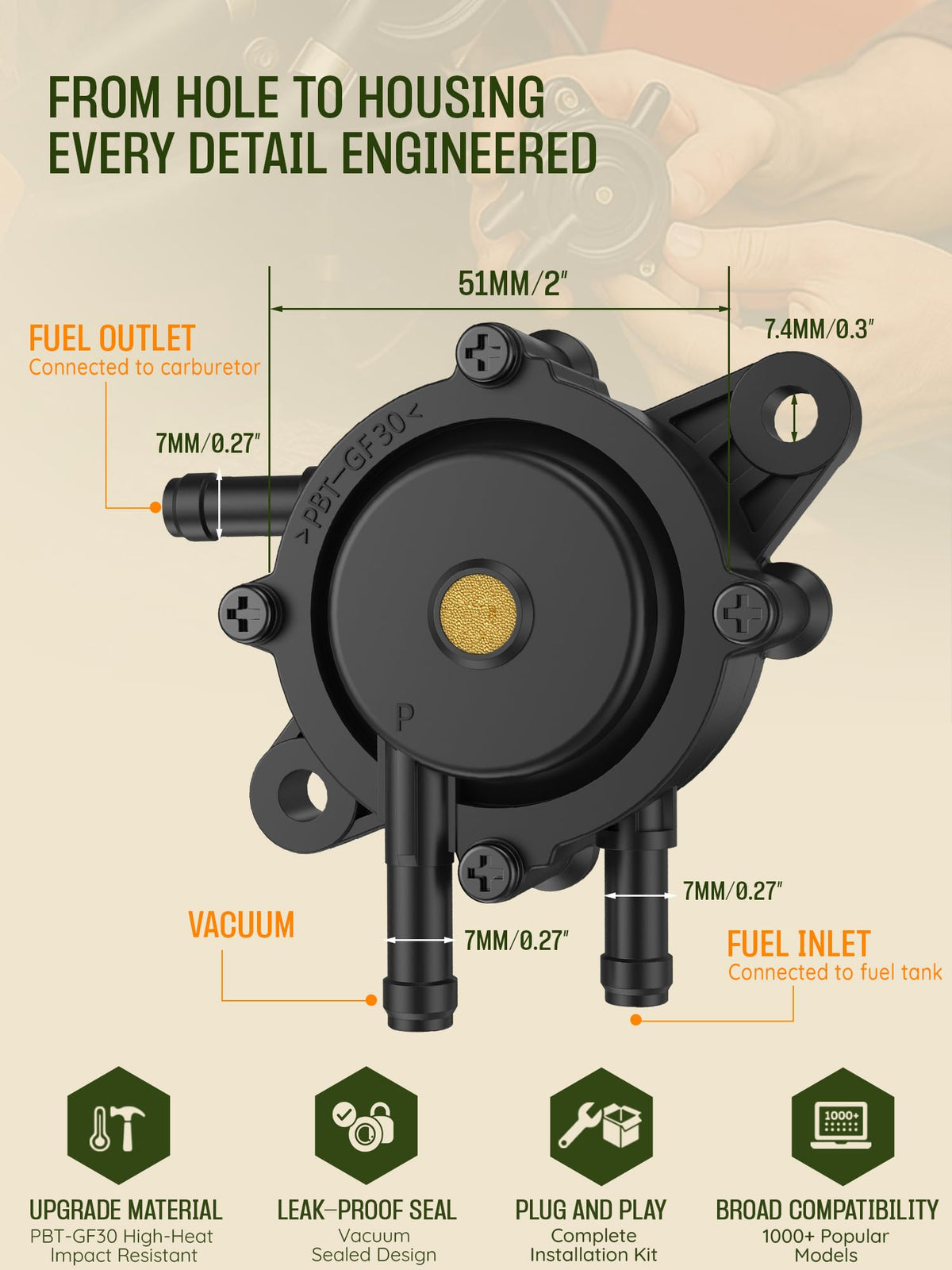 Crivon durable pump body with polymer construction resists gasoline and heat