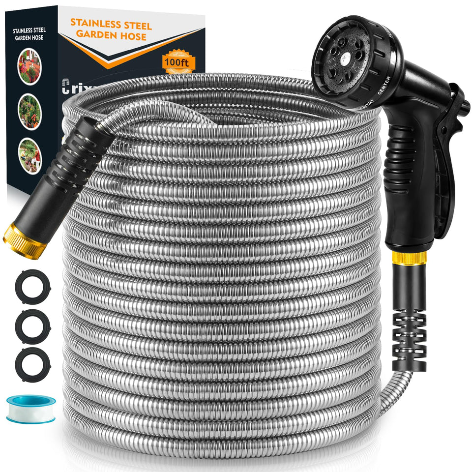 Crixny 100ft garden hose - coiled view for compact storage and quick setup.
