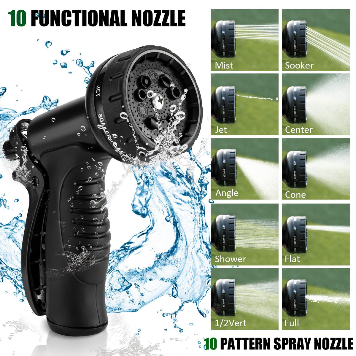 Crixny hose nozzle with 10 patterns enables versatile spray options for plants, cars, and patios.