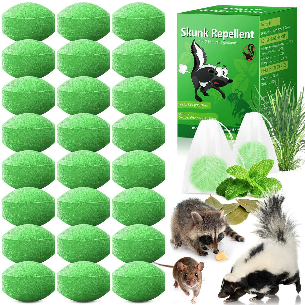 Crobirware 24-pack peppermint skunk ball packaging shows natural repellent for outdoor spaces.