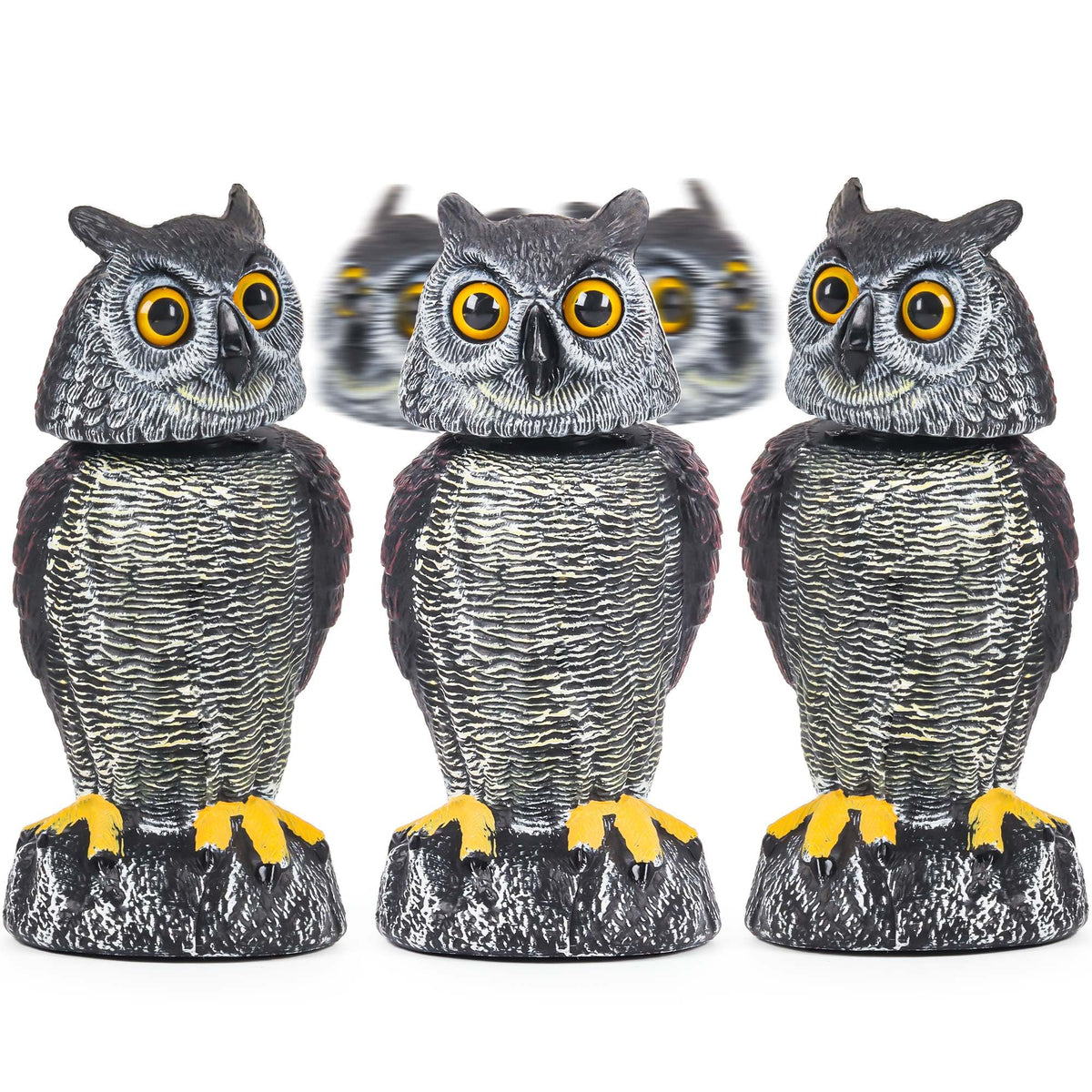 Crobirware 3-pack fake owl decoys with rotating head deter garden birds.