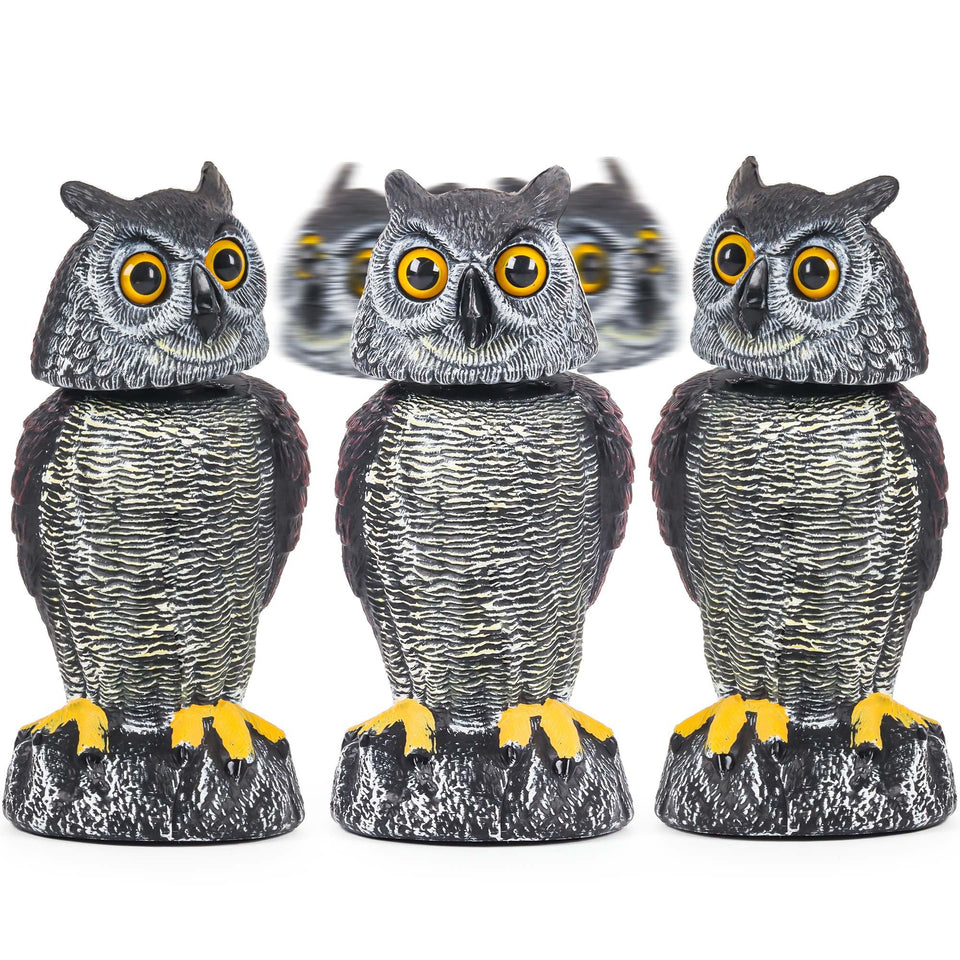 Crobirware 3-pack fake owl decoys with rotating head deter garden birds.