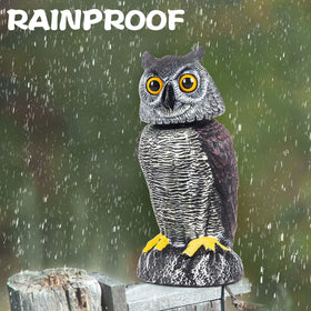 Crobirware bird deterrent in the garden using an owl statue.
