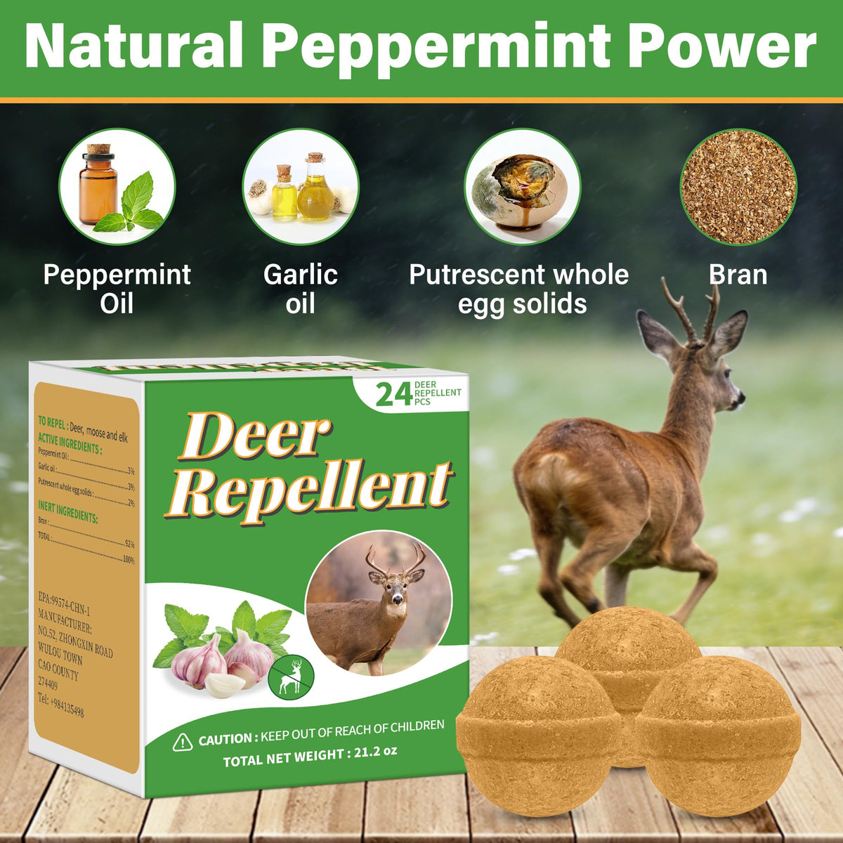 Crobirware deer-repellent balls closeup highlights peppermint and garlic scent for deterrence.