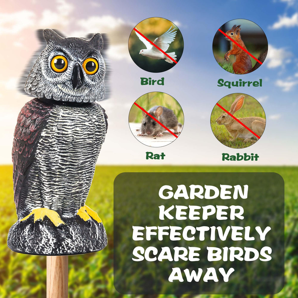 Crobirware weatherproof owl decoy for year-round outdoor use.