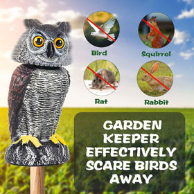 Crobirware weatherproof owl decoy for year-round outdoor use.