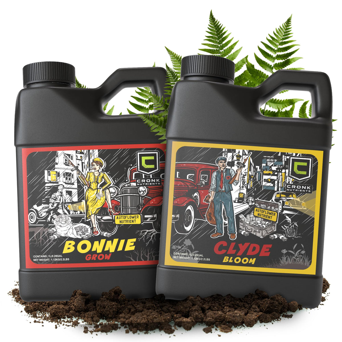 Cronk Grow Nutrients Bonnie & Clyde bottle showing easy autoflower feeding benefits