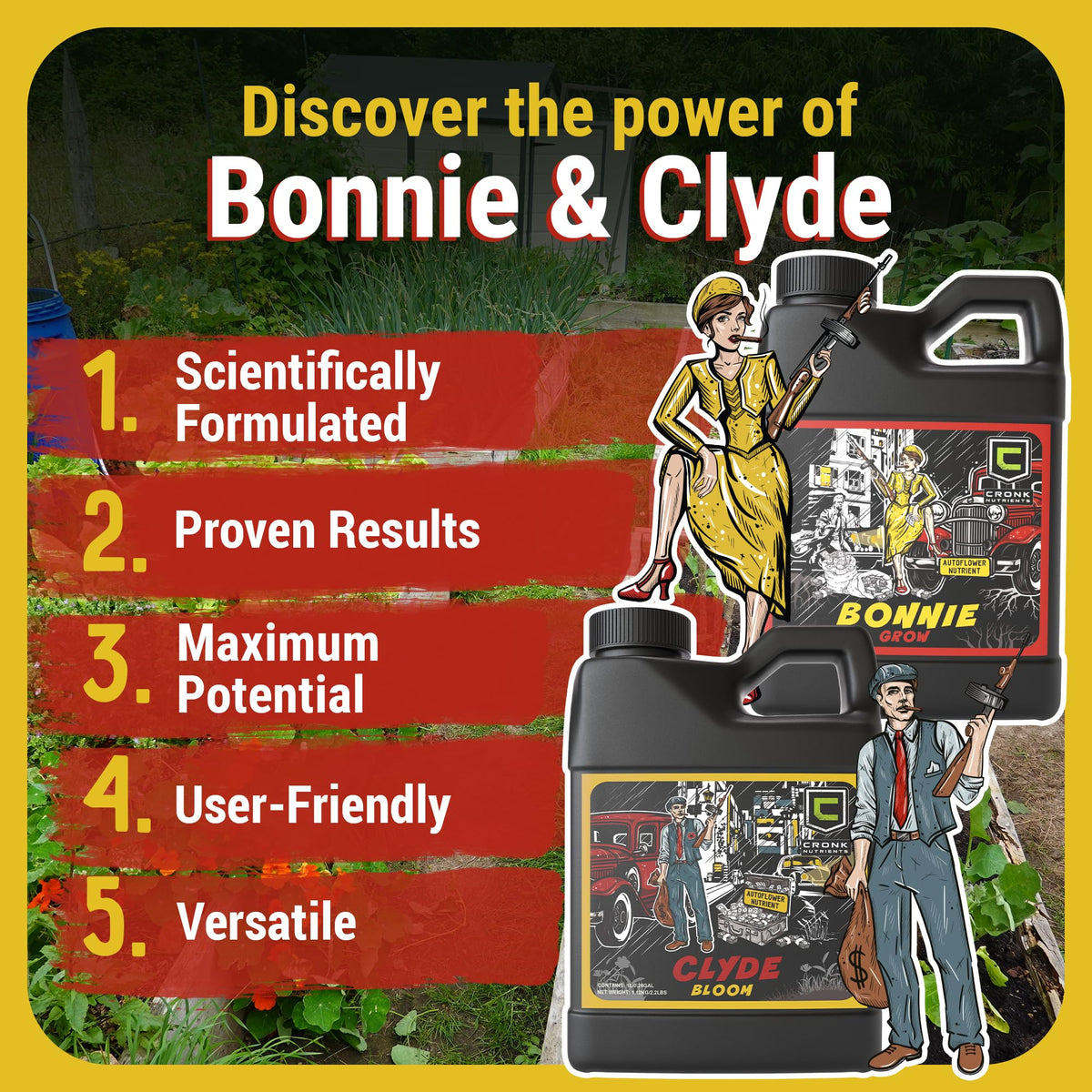 Close-up of Bonnie & Clyde label with clear dosing for autoflowers
