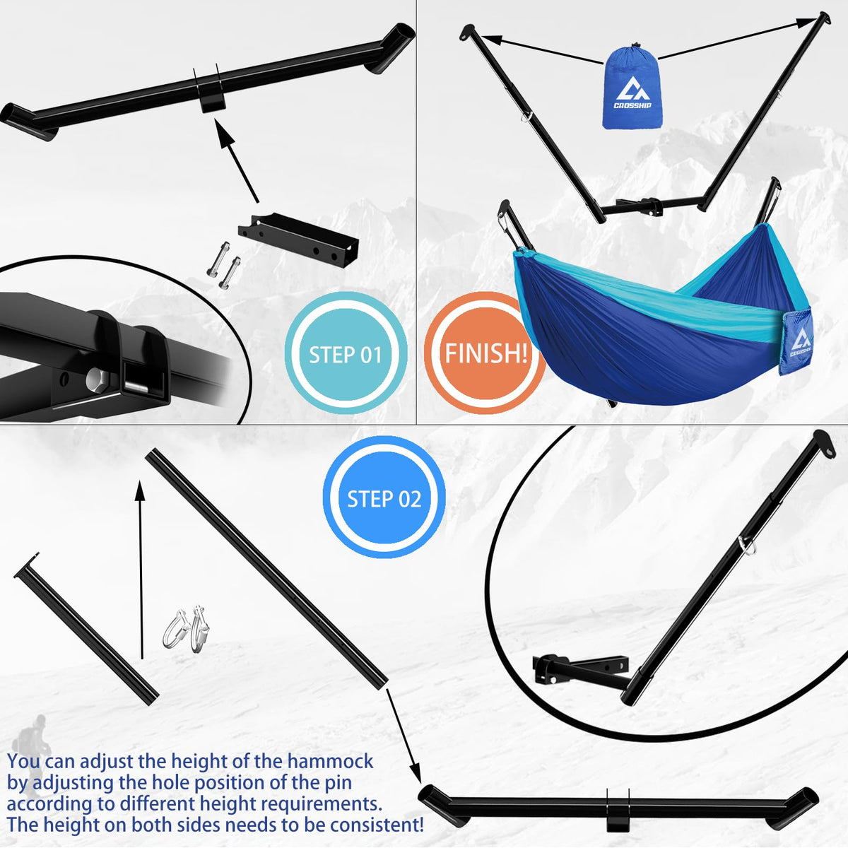 CROSSHIP black hammock brackets enable secure, adjustable tension for reliability.