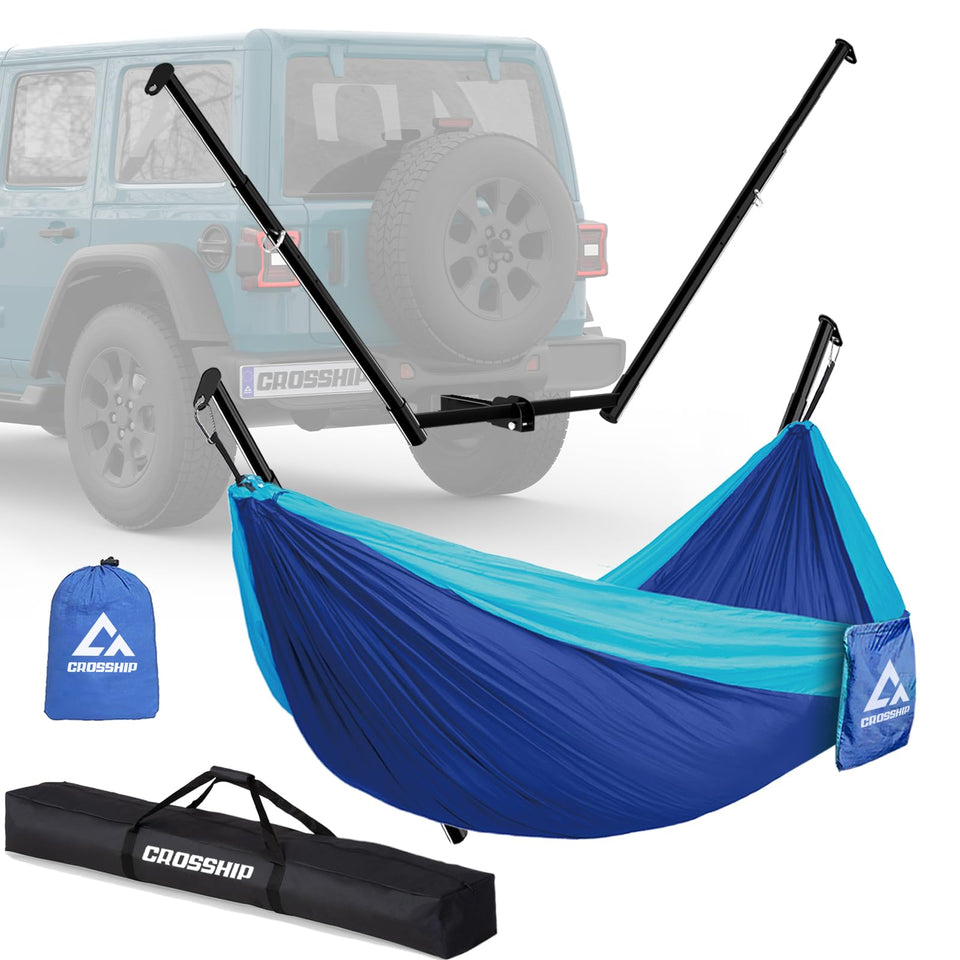 CROSSHIP hitch mount hammock stand ready for 2-inch receivers, quick outdoor setup.