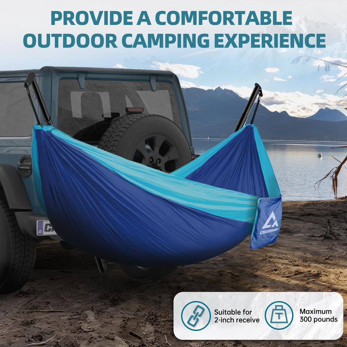 CROSSHIP two-inch receiver hitch keeps the stand firmly in place for camping trips.