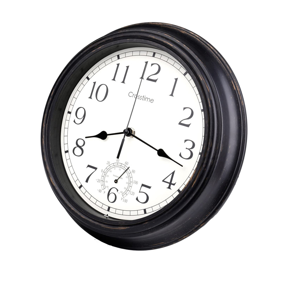 Crosstime 12-inch retro clock with thermometer, waterproof, outdoor-ready.