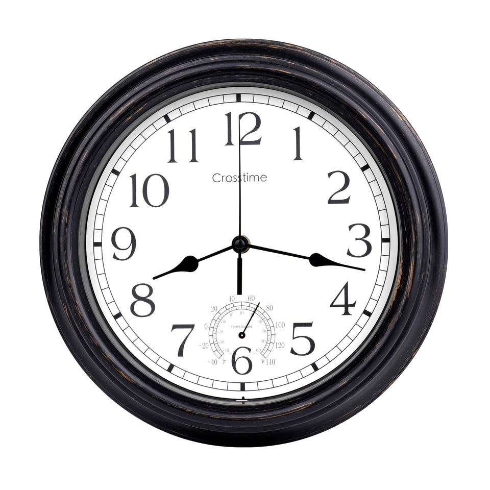 Crosstime 16-inch outdoor clock bronze front provides easy patio visibility.