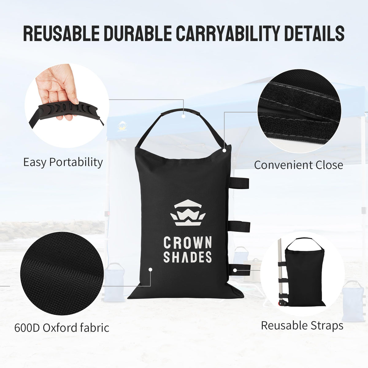 CROWN SHADES canopy weights with Velcro straps for quick, secure tent leg attachment.