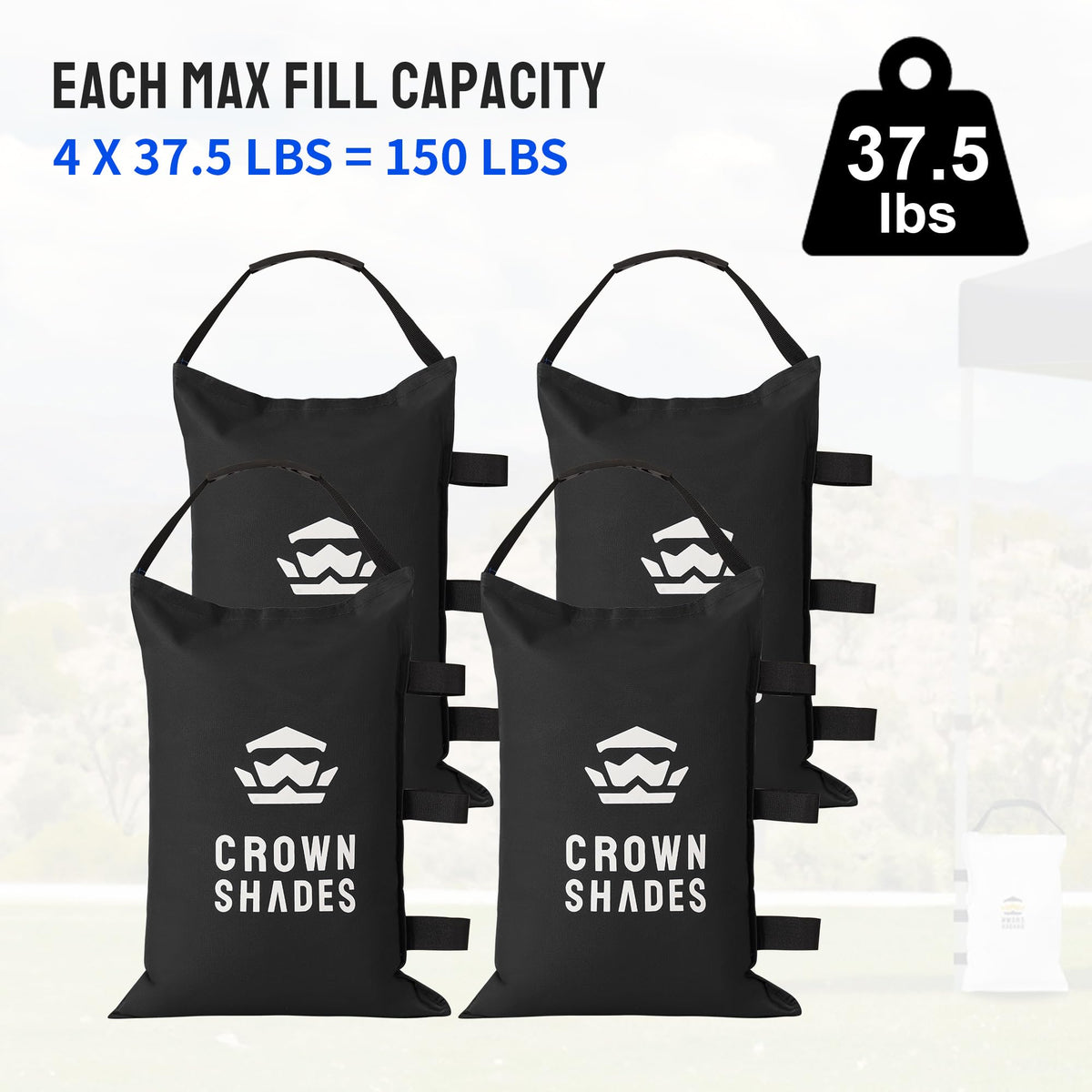CROWN SHADES bag set includes carry handles for easy transport between events.