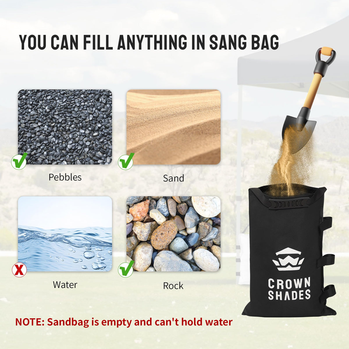 CROWN SHADES reusable weights suitable for virtually any surface at outdoor gatherings.