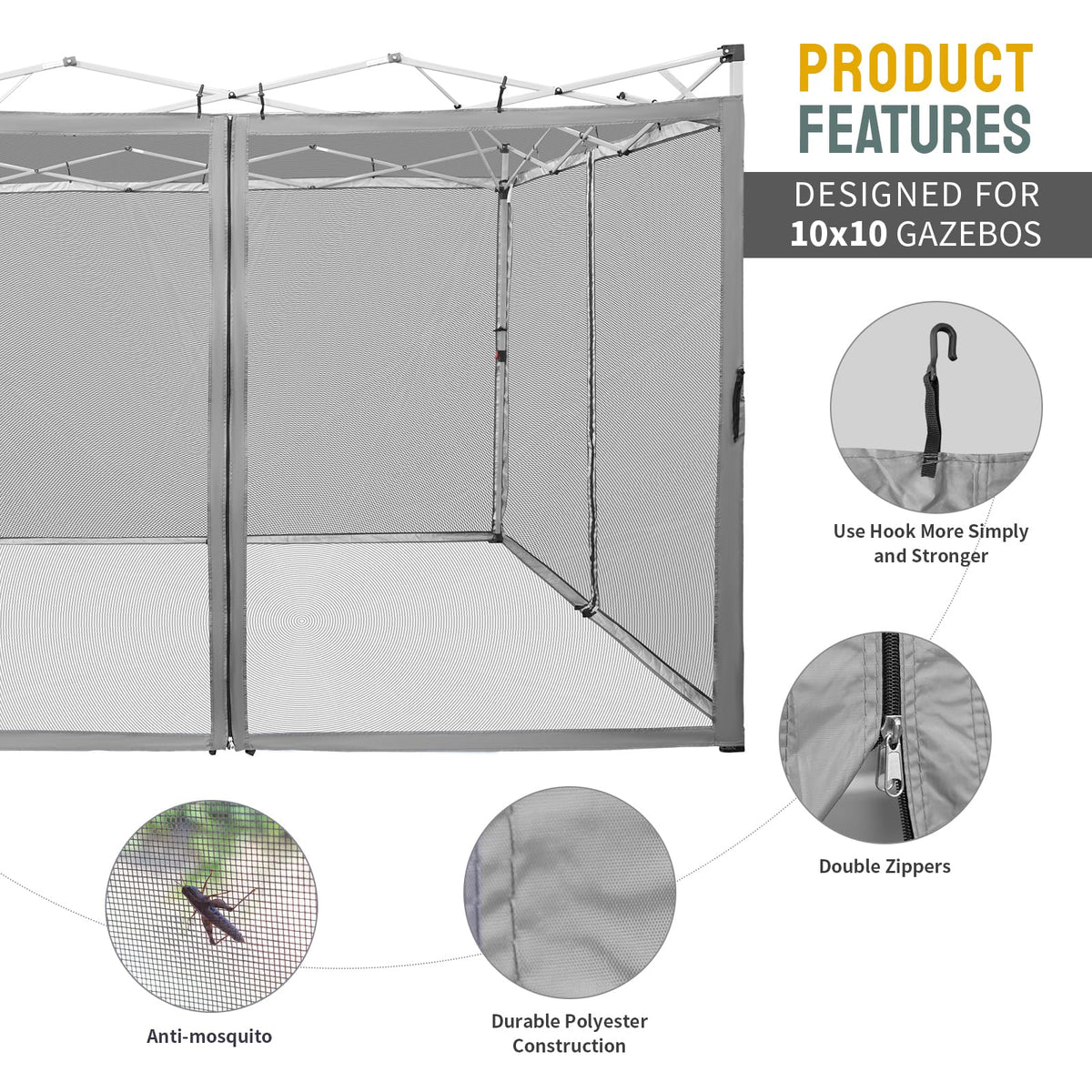 Mesh sidewall with hooks and straps secures the gazebo net