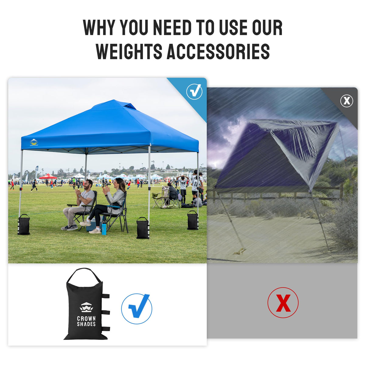 CROWN SHADES portable weights help stabilize tents on uneven ground.